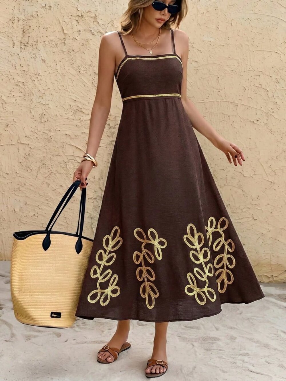 brown Casual Women's Plant Print Vacation midi Dress